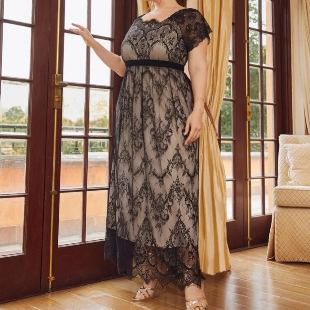 Black  floral lace embroidered party holidays dress - Picture 4 of 8